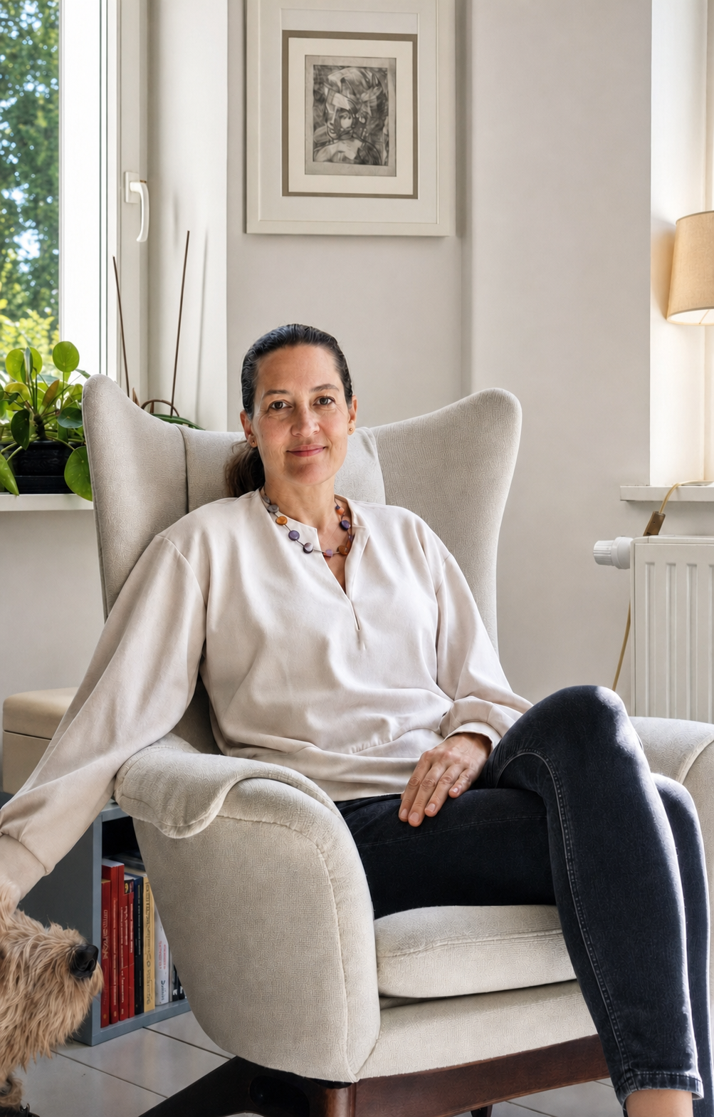 Dr. med. Constance Raimer im Praxissessel mit ihrem Hund